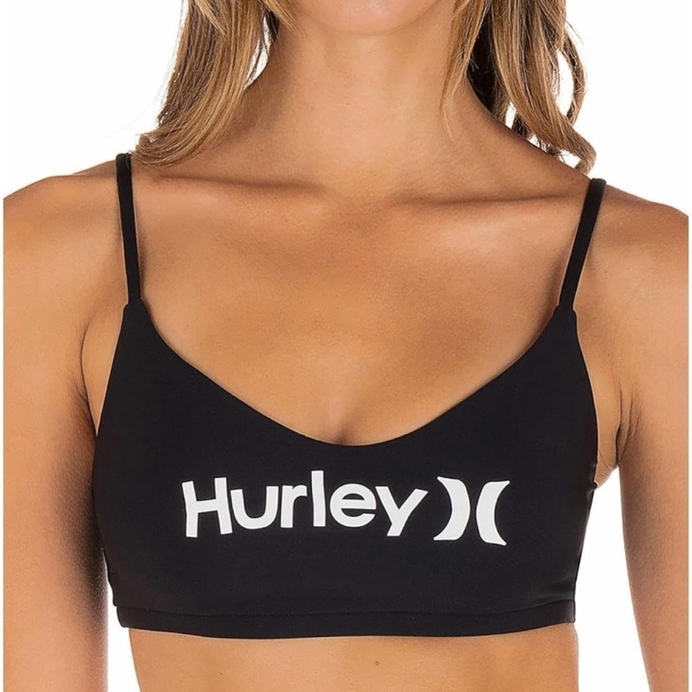 Hurley Black Bikini Top Womens Size Large NWT Adjustable Straps White Logo